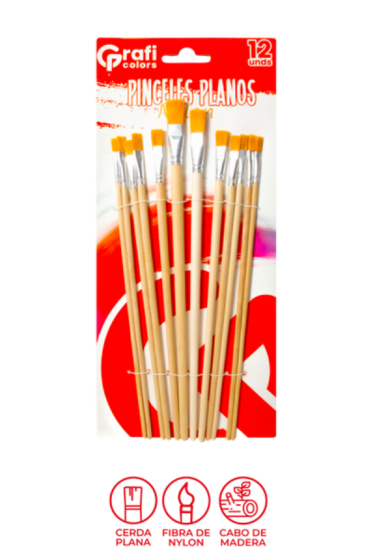 Kit Pinceles Planos Nylon Grafi Colors x 12 Unidades