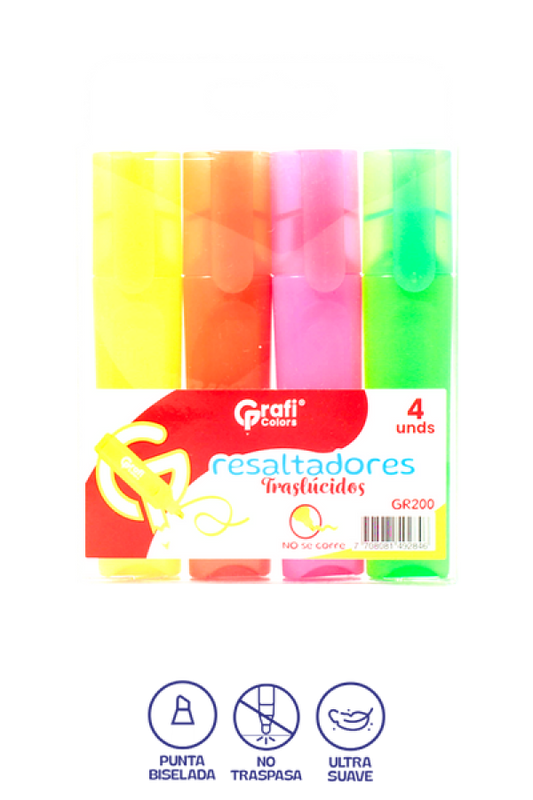 Resaltador Grafi Colors Punta Biselada Color Neón x 4 Unidades