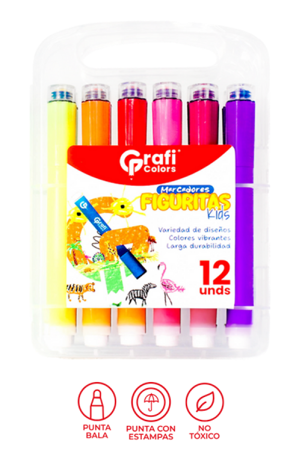 Estuche Marcadores Grafi Colors  Con Figuritas Kids de Agua  x 12 Unidades