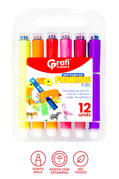Estuche Marcadores Grafi Colors  Con Figuritas Kids de Agua  x 12 Unidades