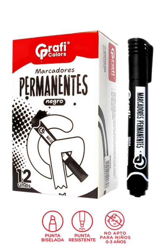 Marcador Grafi Colors Permanente Negro x 12 Unidades