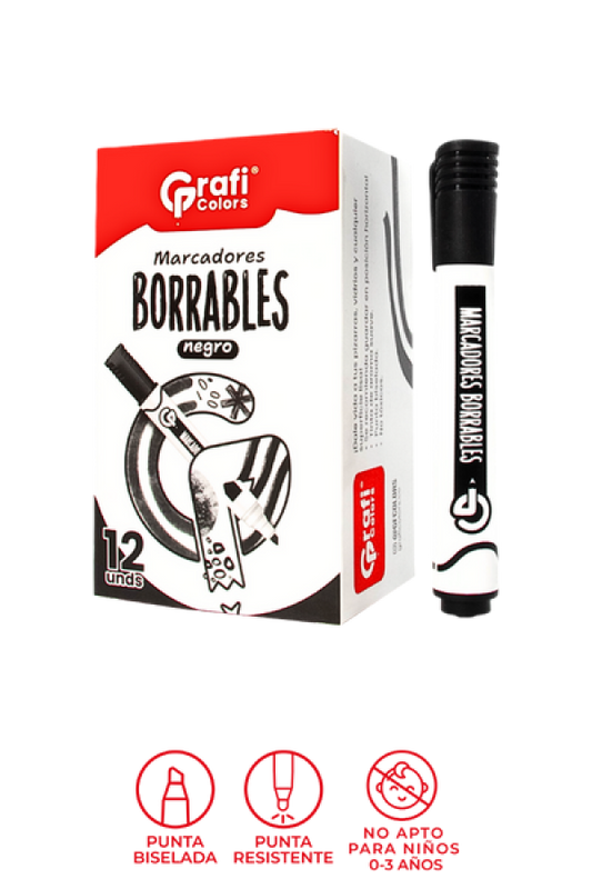 Marcador Grafi Colors Borrable Negro x 12 Unidades