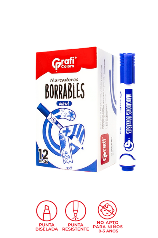 Marcador Grafi Colors Borrable Azul x 12 Unidades