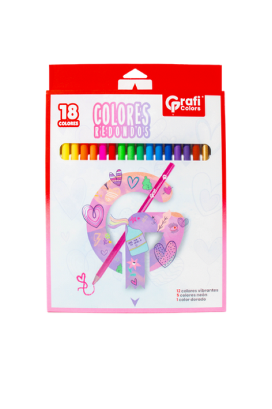 Colores Grafi Colors Redondos x 18 Unidades 5 colores neón y 1 Dorado  Incluye Sacapuntas