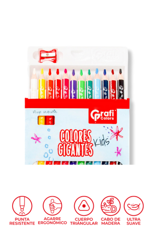 Colores Gigantes Kids Grafi Colors Triangulares x 12 Unidades, Punta 5mm, Incluye Sacapuntas