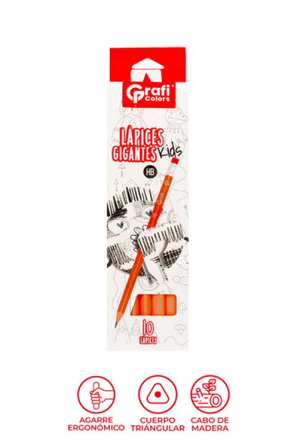 Lápiz Gigantes Kids Grafi Colors x 10 Unidades, Incluye Sacapuntas