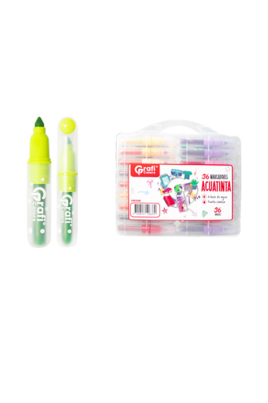 Estuche Marcadores Acuatinta Grafi Colors Lavables Punta Cónica x 36 Unidades