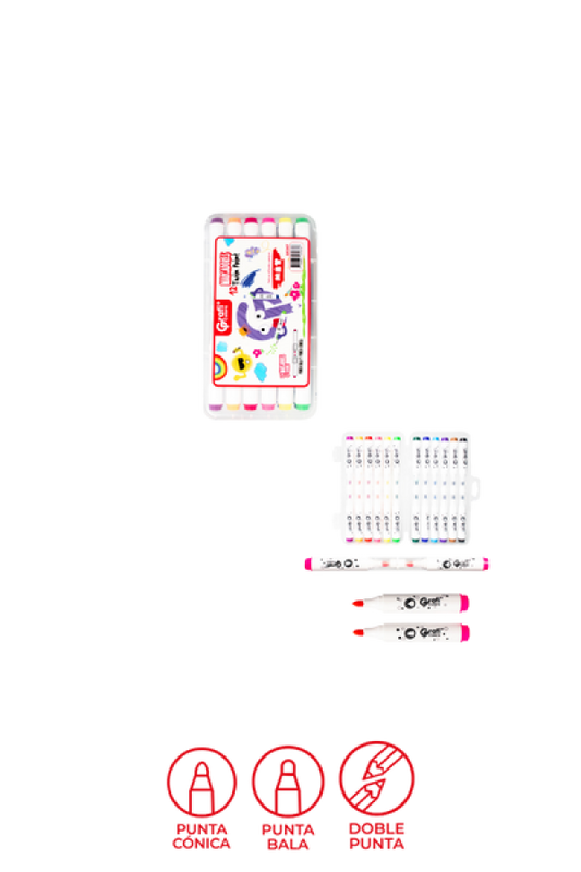 Estuche Marcadores Twin Point Grafi Colors Doble Punta (Punta Bala y Punta Cónica) x 12 Colores, 24 Unidades