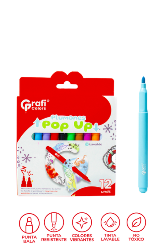 Plumones Pop Up Grafi Colors Punta Bala Retractil Lavable x 12 Unidades