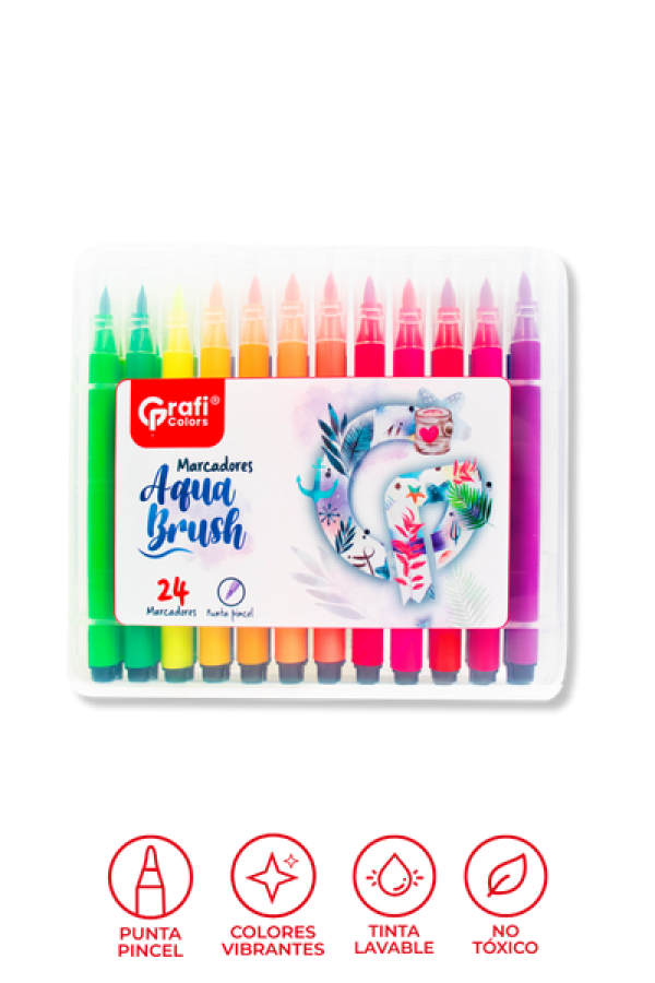 Estuche Marcadores Aqua Brush Grafi Colors Punta Pincel x 24 Unidades