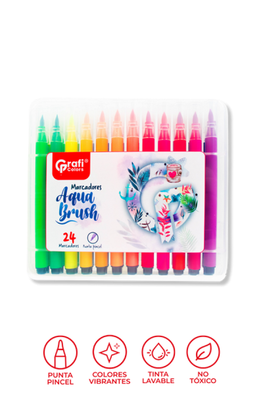 Estuche Marcadores Aqua Brush Grafi Colors Punta Pincel x 24 Unidades