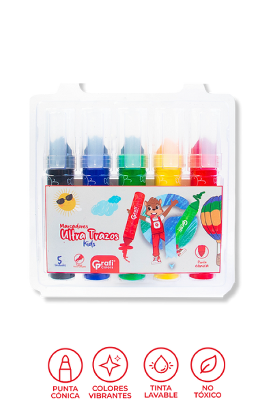 Marcadores Ultra Trazos Kids Grafi Colors Punta Cónica x 5 Unidades